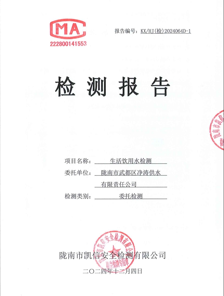 2024年12月4日武都城區(qū)飲用水檢測報告