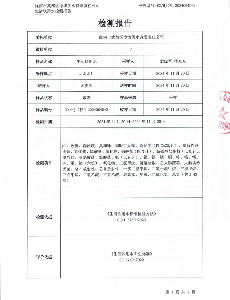 2024年12月4日武都城區(qū)飲用水檢測報告