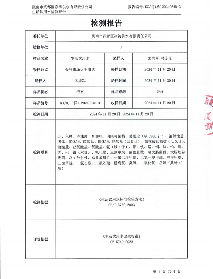 2024年12月4日武都城區(qū)飲用水檢測報告